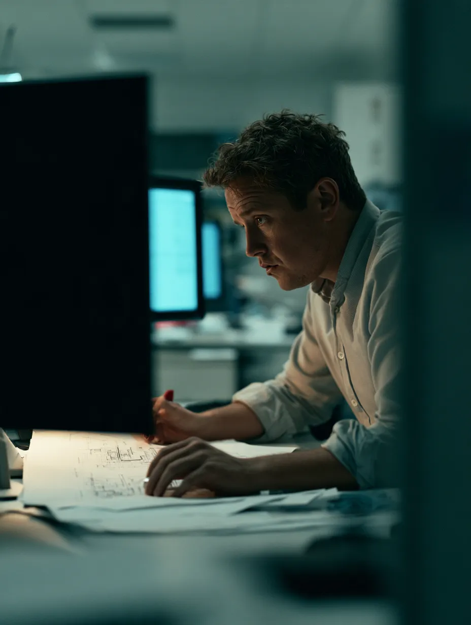 A designer reviewing printed document drawings at a desk with dual monitors in a dim, teal-lit office