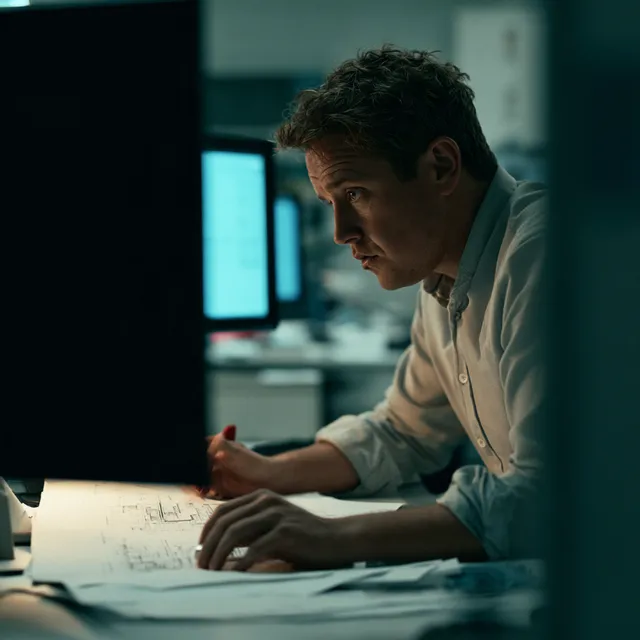 A designer reviewing printed document drawings at a desk with dual monitors in a dim, teal-lit office