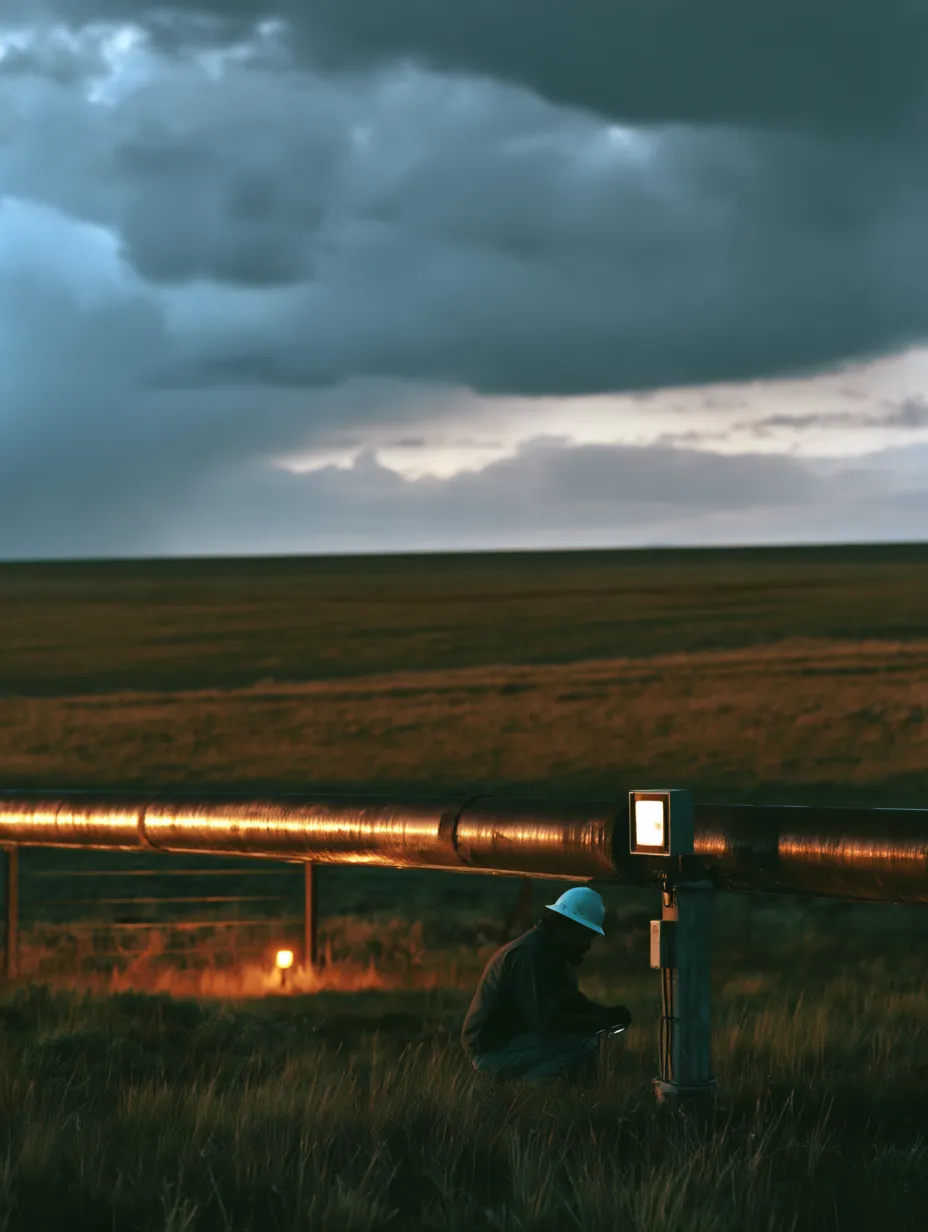A worker in a hard hat kneeling beside a remote pipeline at dusk, inspecting equipment lit by a floodlight under a stormy prairie sky