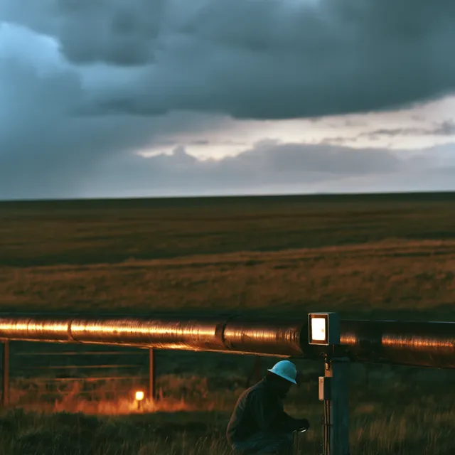 A worker in a hard hat kneeling beside a remote pipeline at dusk, inspecting equipment lit by a floodlight under a stormy prairie sky
