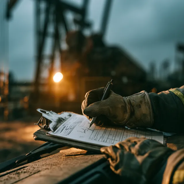 A gloved hand filling out a paper field ticket on a clipboard, with an oil pumpjack silhouetted against the sunset behind it