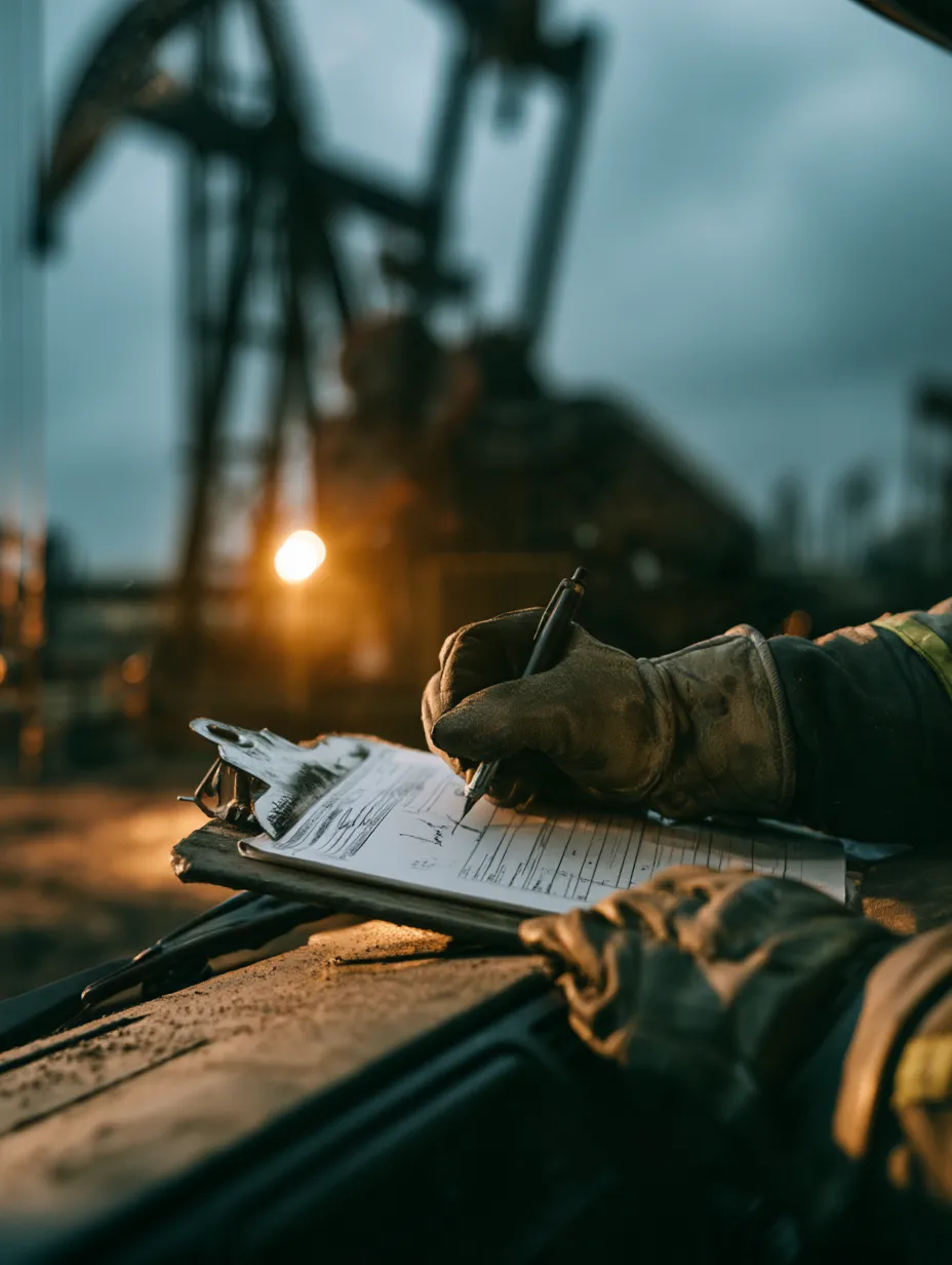 A gloved hand filling out a paper field ticket on a clipboard, with an oil pumpjack silhouetted against the sunset behind it