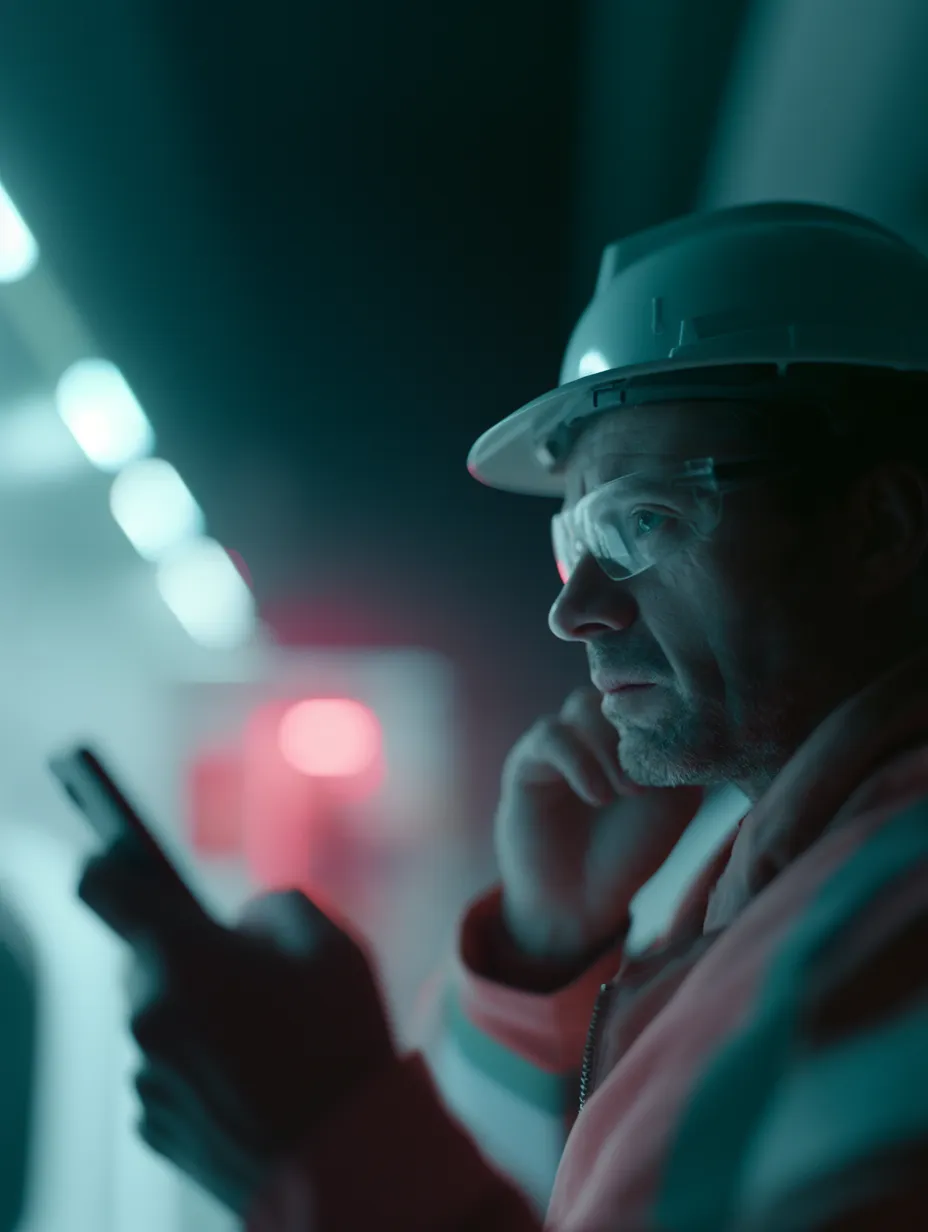 A worker in a hard hat and safety glasses checking a handheld device in a dim, teal-lit corridor