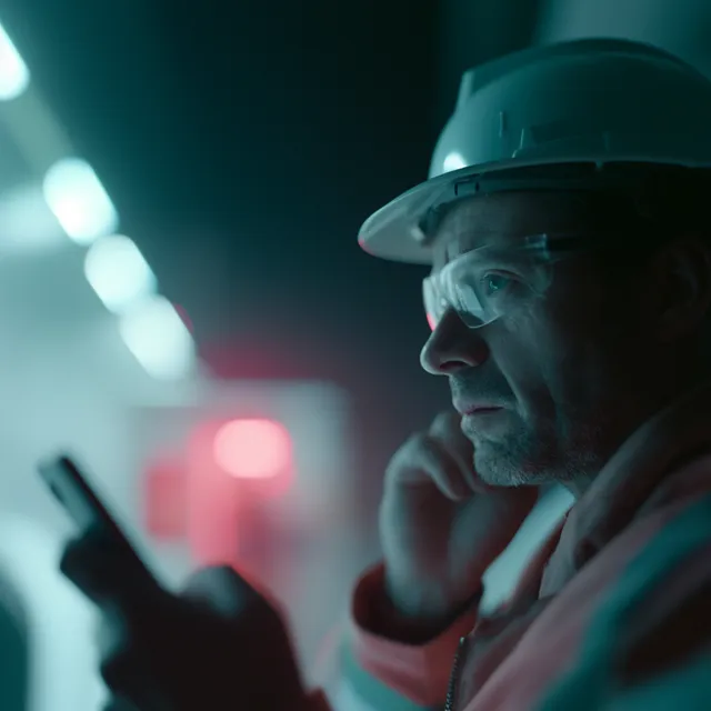A worker in a hard hat and safety glasses checking a handheld device in a dim, teal-lit corridor
