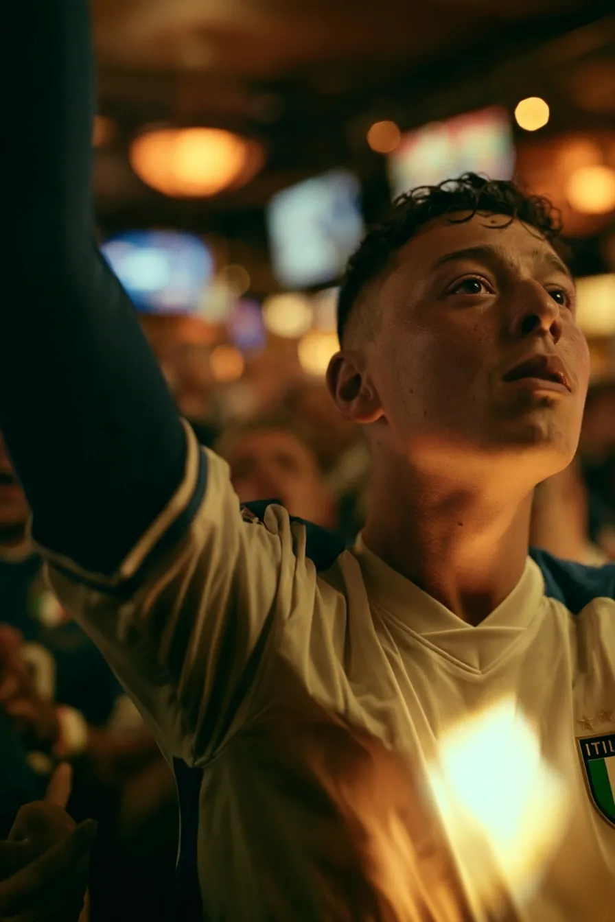 A young man in an Italy jersey raising his arm and looking up in a crowded bar lit by TV screens
