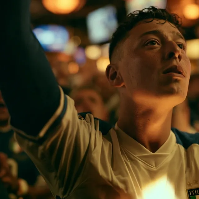 A young man in an Italy jersey raising his arm and looking up in a crowded bar lit by TV screens