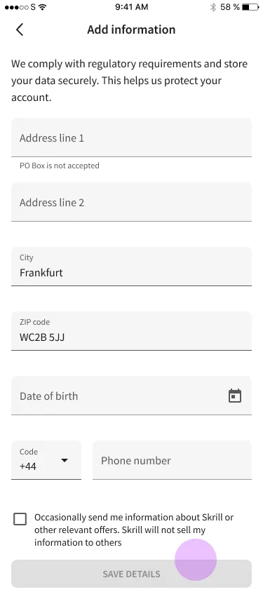 Mobile screen for entering address and phone number during identity verification
