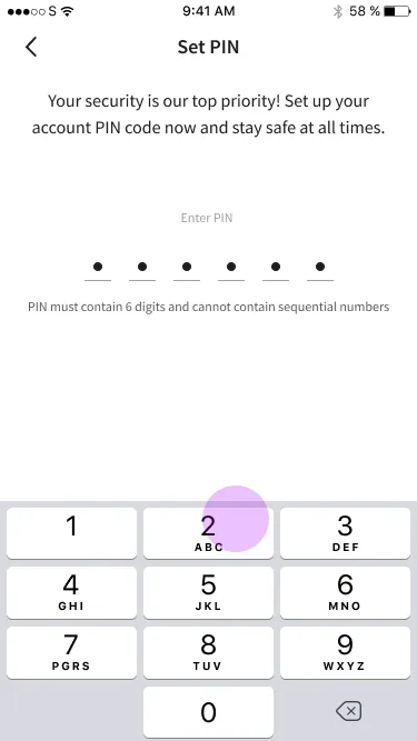 Mobile screen for setting a six-digit PIN with a numeric keypad