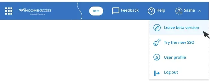 The account menu in the beta interface, showing a "Beta" badge next to options to leave the beta version or try the new SSO