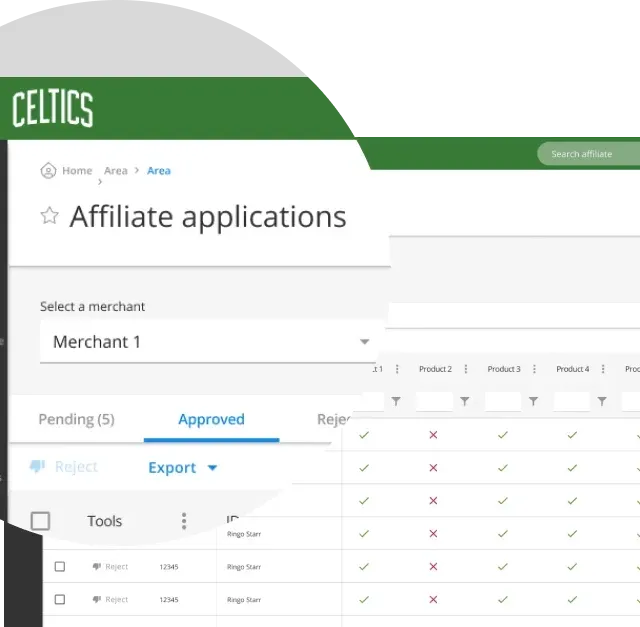 The Income Access affiliate applications interface adapted to a green operator brand while preserving the shared layout and interaction model