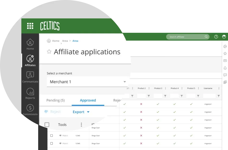 The Income Access affiliate applications interface adapted to a green operator brand while preserving the shared layout and interaction model