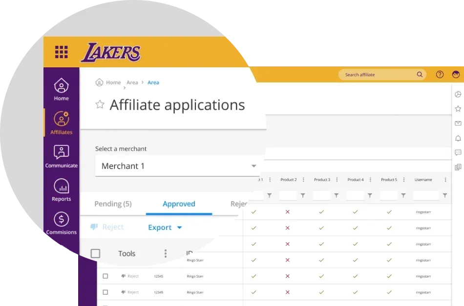 The identical affiliate applications screen, same data and layout, under a purple-and-gold brand instead