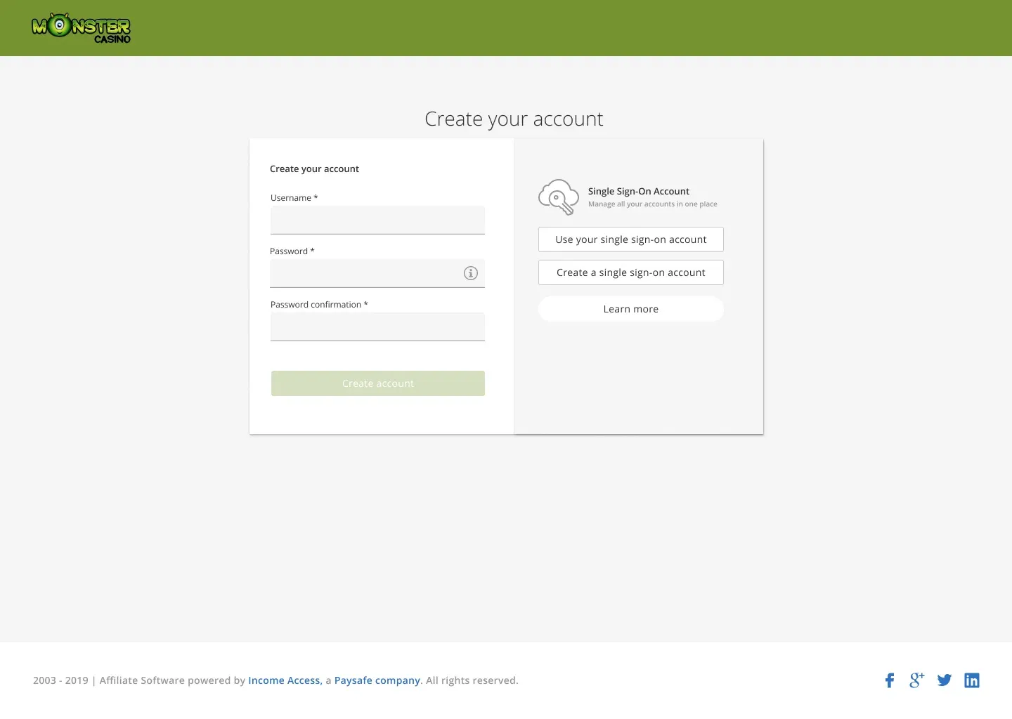 An account creation screen with a separate panel offering to use or create a single sign-on account
