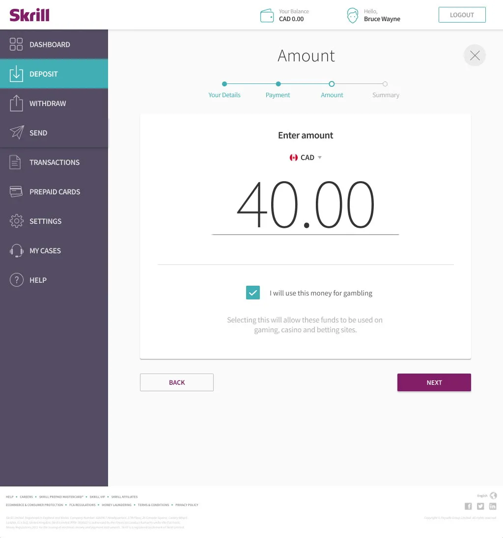 The original deposit screen: an amount field defaulted to 40.00 CAD, with a checkbox reading "I will use this money for gambling"