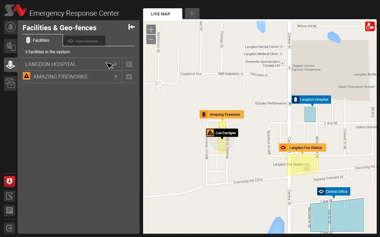 The ERC's facilities and geofences screen, listing monitored sites and hazard zones on the same live map