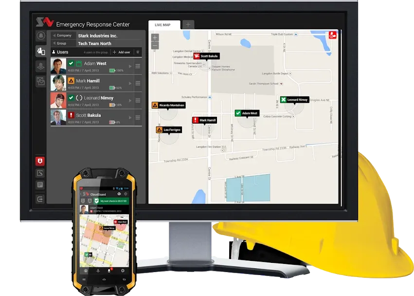 The Emergency Response Centre desktop dashboard, showing a live map with worker statuses, alongside the paired mobile handset