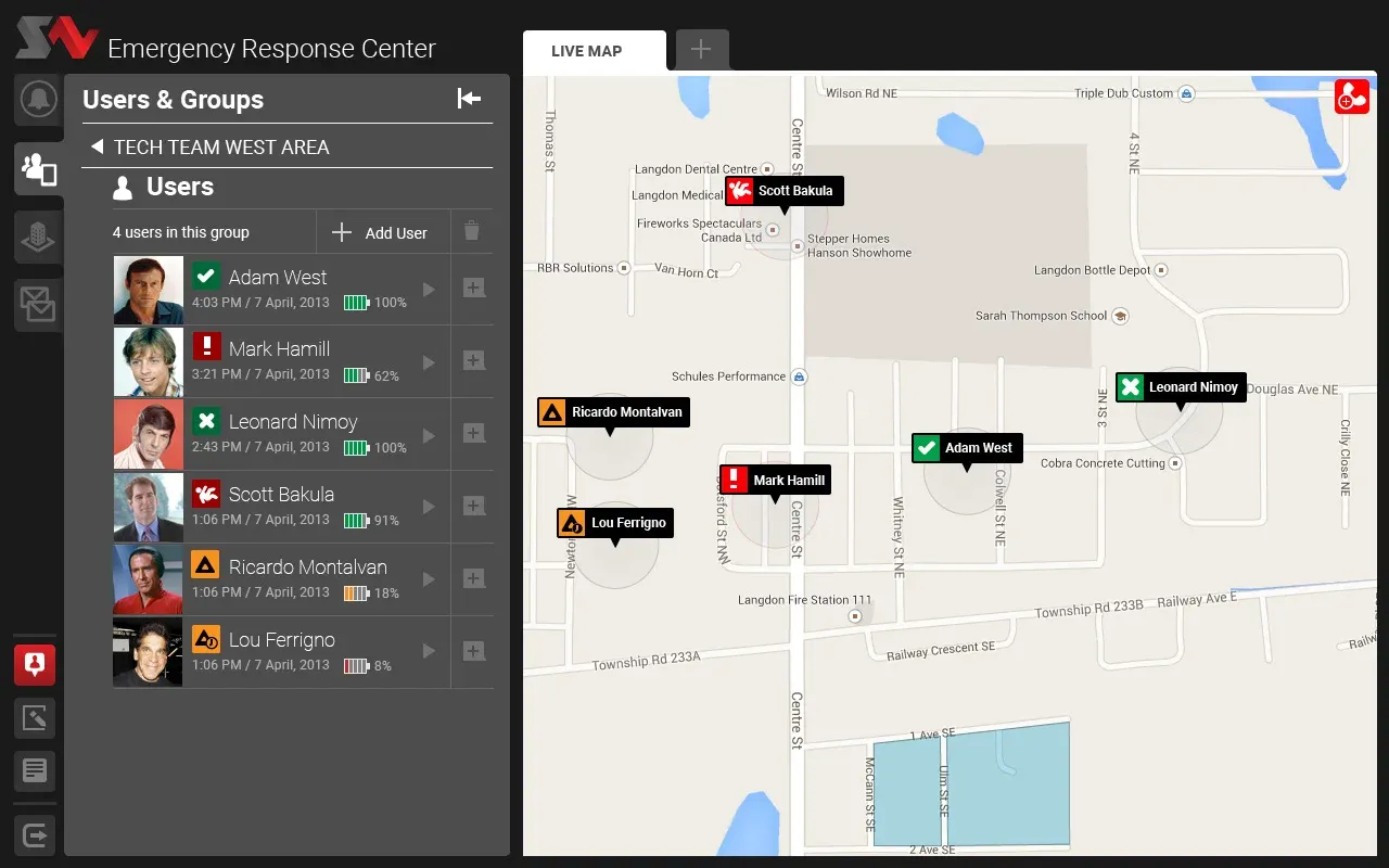 The ERC's user management screen: a list of workers with status, battery level, and last check-in, next to their live positions on the map