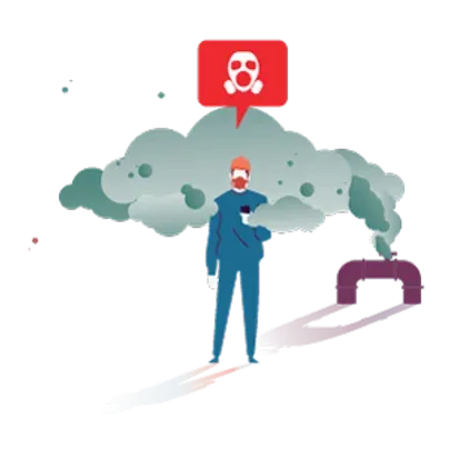 Icon for toxic gas detection: a worker with a gas sensor and an alert symbol