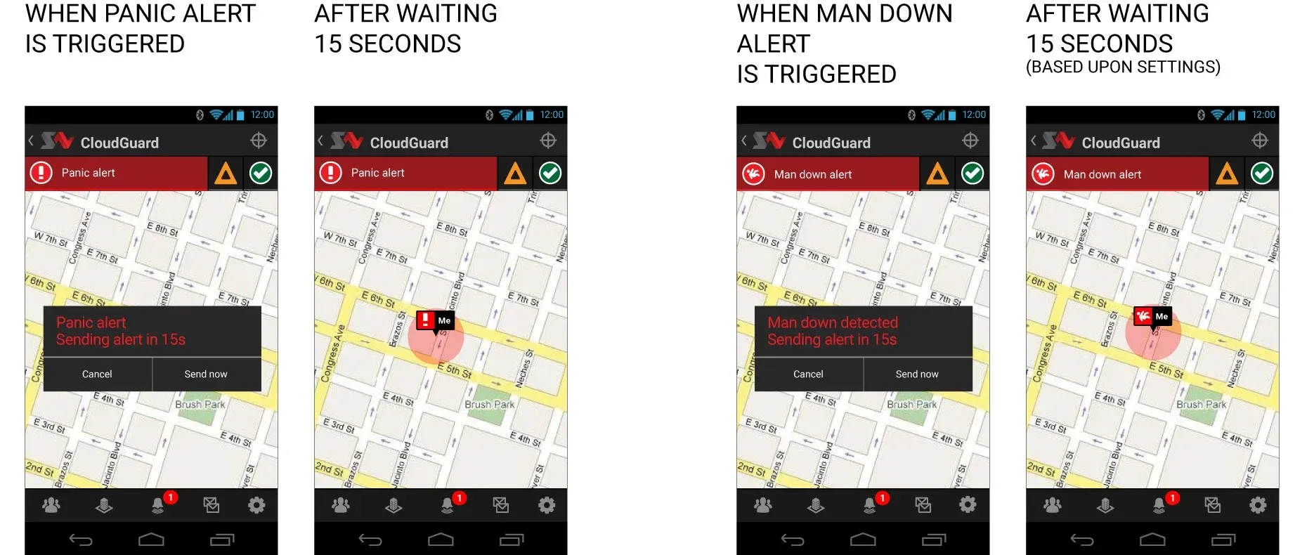 The field app's panic and man-down alert screens on a rugged handset, from trigger through the 15-second countdown