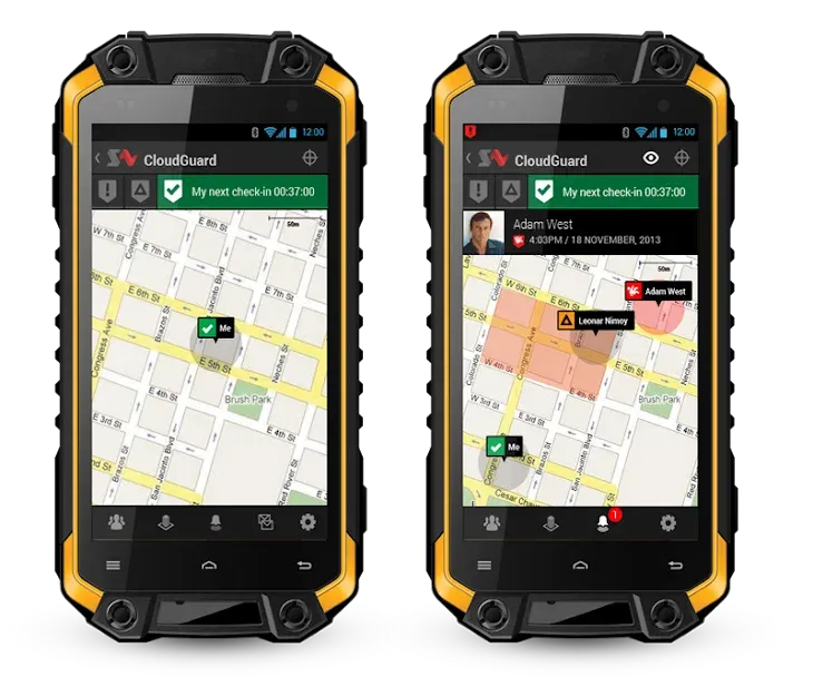Two rugged Sonim handsets running the field app, showing a worker's own location and a teammate's on a live map