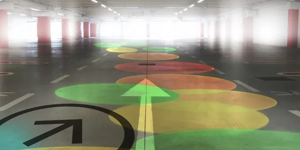 A parking structure visualized with areas of stronger and weaker mobile coverage