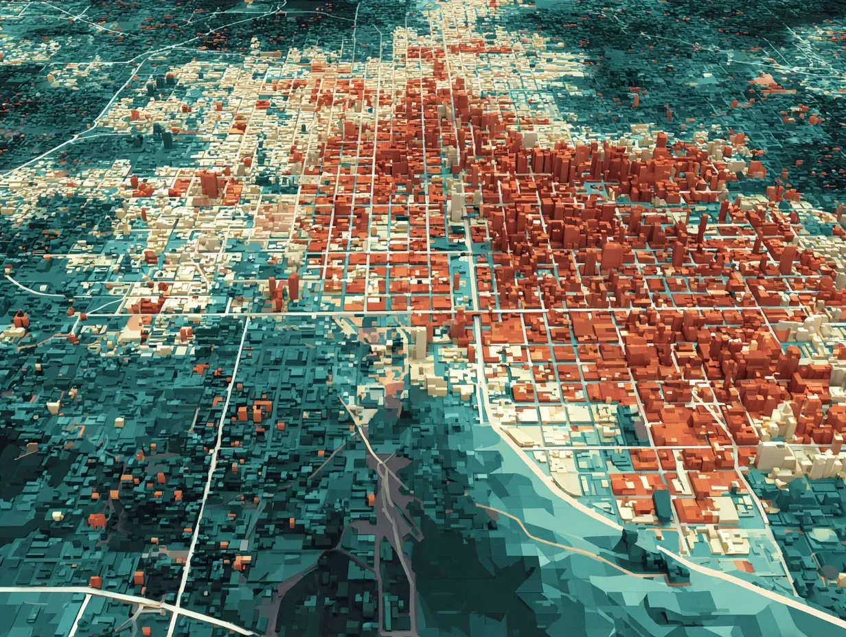 A conceptual city map rendered as layers of location-based coverage information
