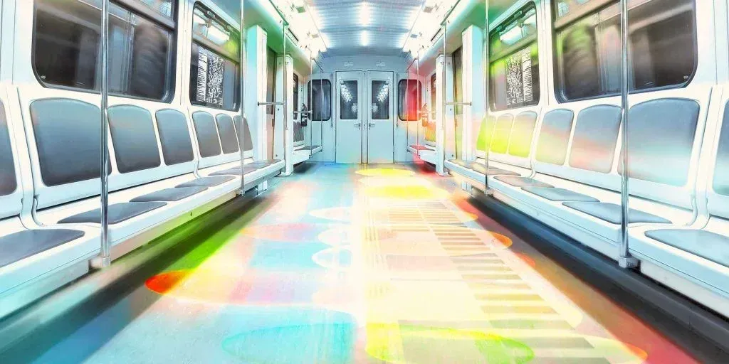 A transit carriage visualized with coloured areas representing differences in mobile coverage