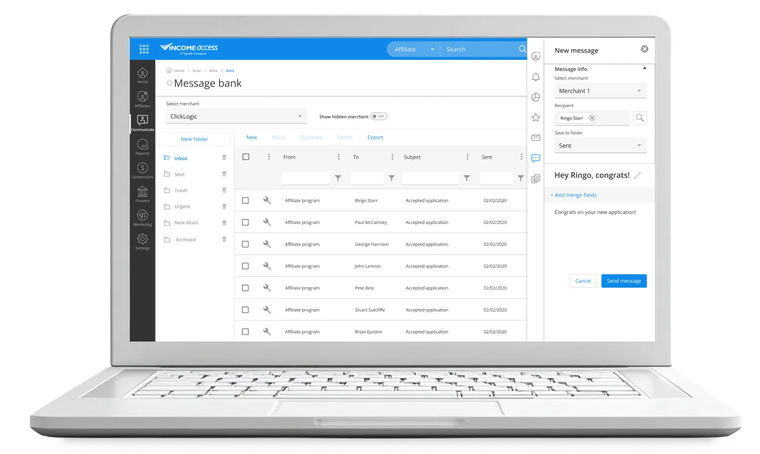 The Income Access platform's message bank, showing an affiliate communication being drafted for approved applicants