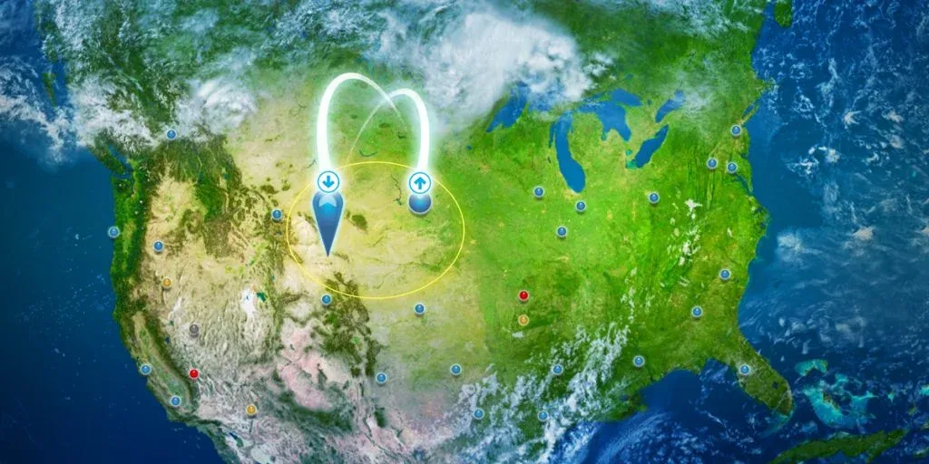 A map showing distributed network measurement locations and test paths