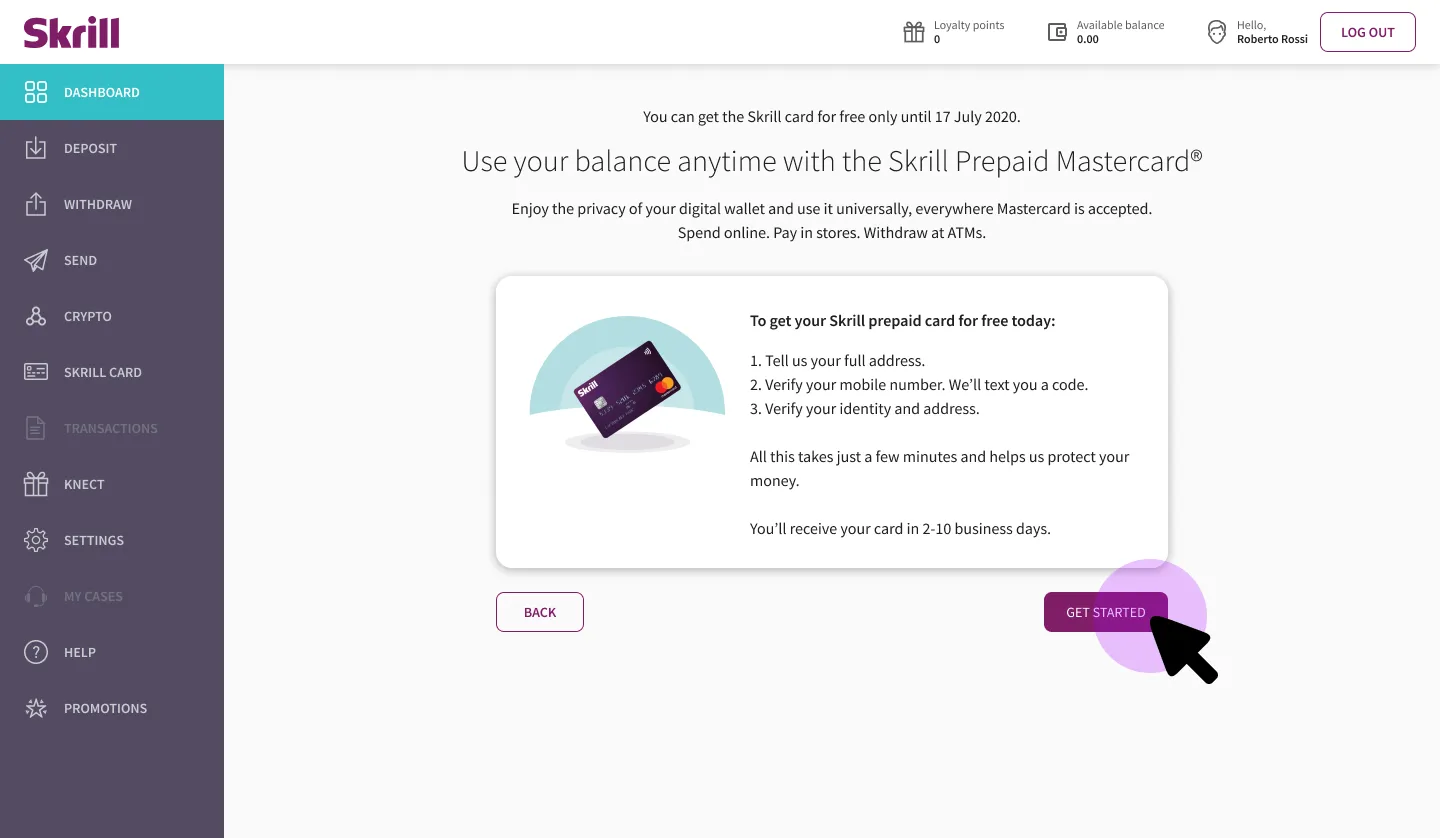 The redesigned entry screen: three steps to a free card - address, phone verification, identity verification - with no deposit requirement anywhere in sight
