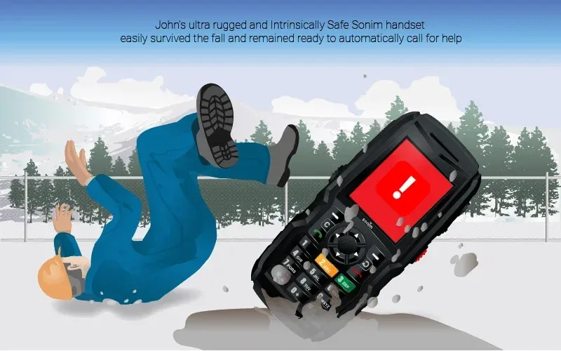 Storyboard panel 2 of 8: John's rugged Sonim handset survived the fall and stayed ready to call for help