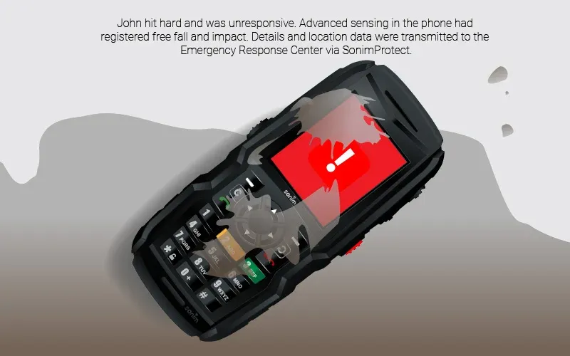Storyboard panel 3 of 8: the phone's sensors registered the fall and impact and transmitted location data to the Emergency Response Centre