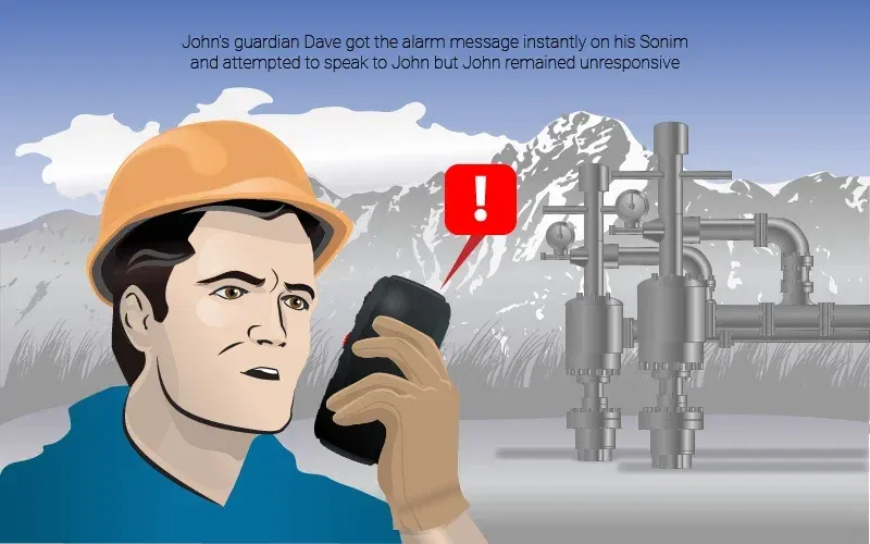 Storyboard panel 4 of 8: John's manager Dave got the alarm on his own Sonim and tried to reach John, with no response
