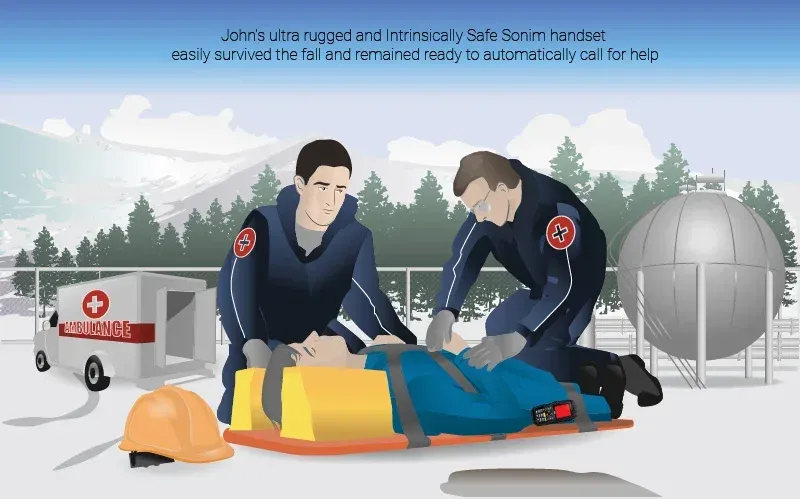 Storyboard panel 7 of 8: paramedics reach John and begin treatment on site