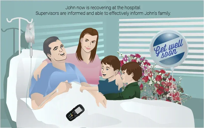 Storyboard panel 8 of 8: John recovers in hospital, with his supervisors already informed