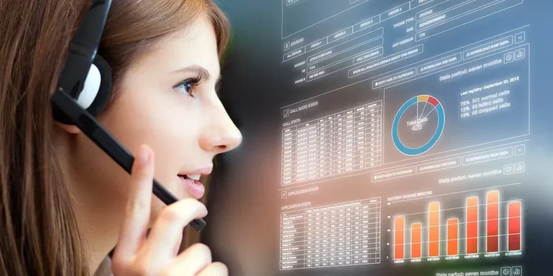 A customer-service representative reviewing network and call-quality information